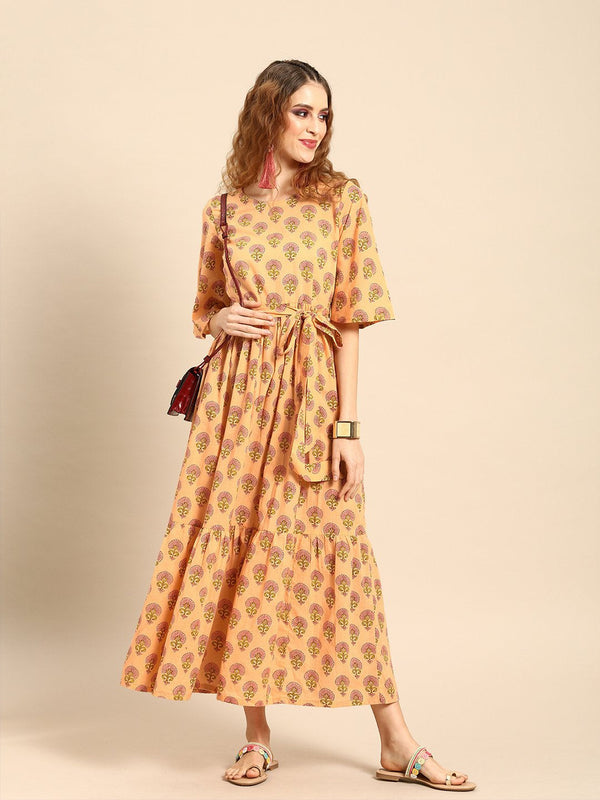 Women Peach-Coloured Printed Fit and Flare Dress | NOZ2TOZ - Made In INDIA.