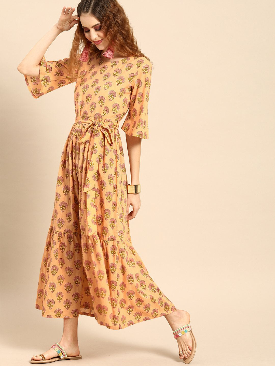 Women Peach-Coloured Printed Fit and Flare Dress | NOZ2TOZ - Made In INDIA.