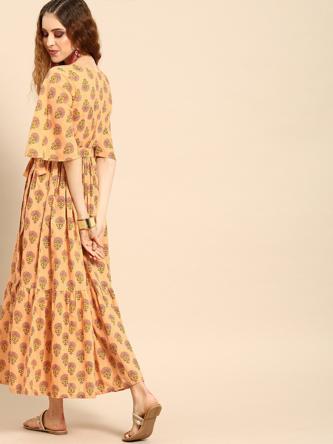 Women Peach-Coloured Printed Fit and Flare Dress | NOZ2TOZ - Made In INDIA.