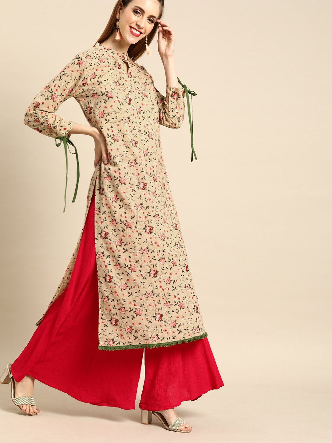 Women Beige Calf Length Long Sleeves Straight Floral Printed Cotton Kurta | NOZ2TOZ - Made In INDIA.