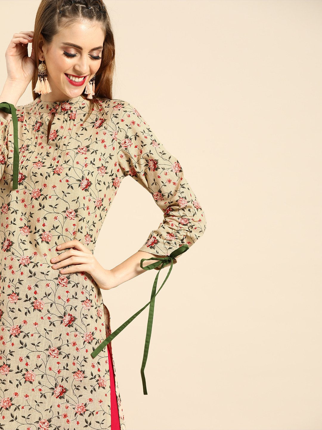 Women Beige Calf Length Long Sleeves Straight Floral Printed Cotton Kurta | NOZ2TOZ - Made In INDIA.