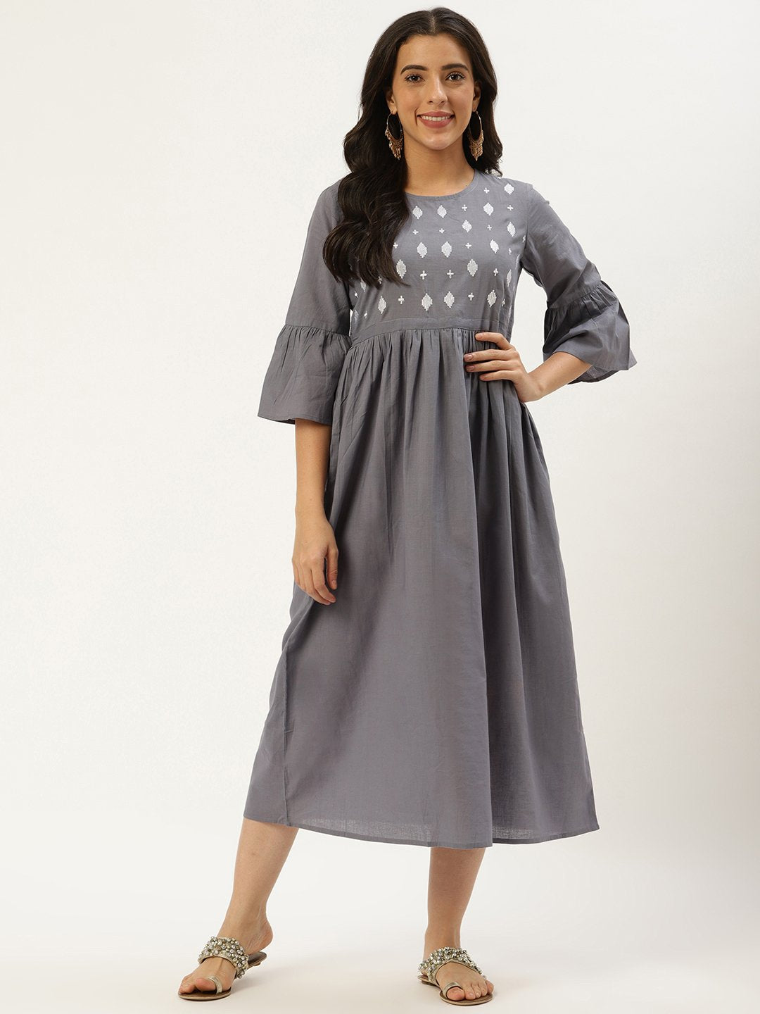 Women Grey Solid Solid Round Neck Cotton A-Line Dress | NOZ2TOZ - Made In INDIA.