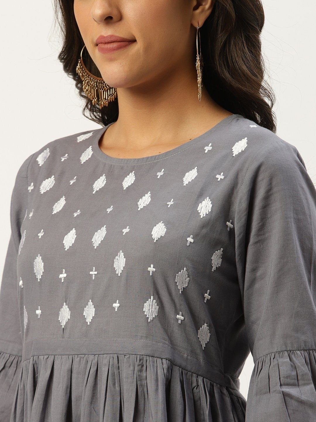 Women Grey Solid Solid Round Neck Cotton A-Line Dress | NOZ2TOZ - Made In INDIA.