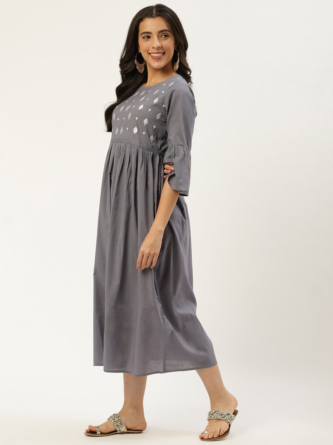 Women Grey Solid Solid Round Neck Cotton A-Line Dress | NOZ2TOZ - Made In INDIA.