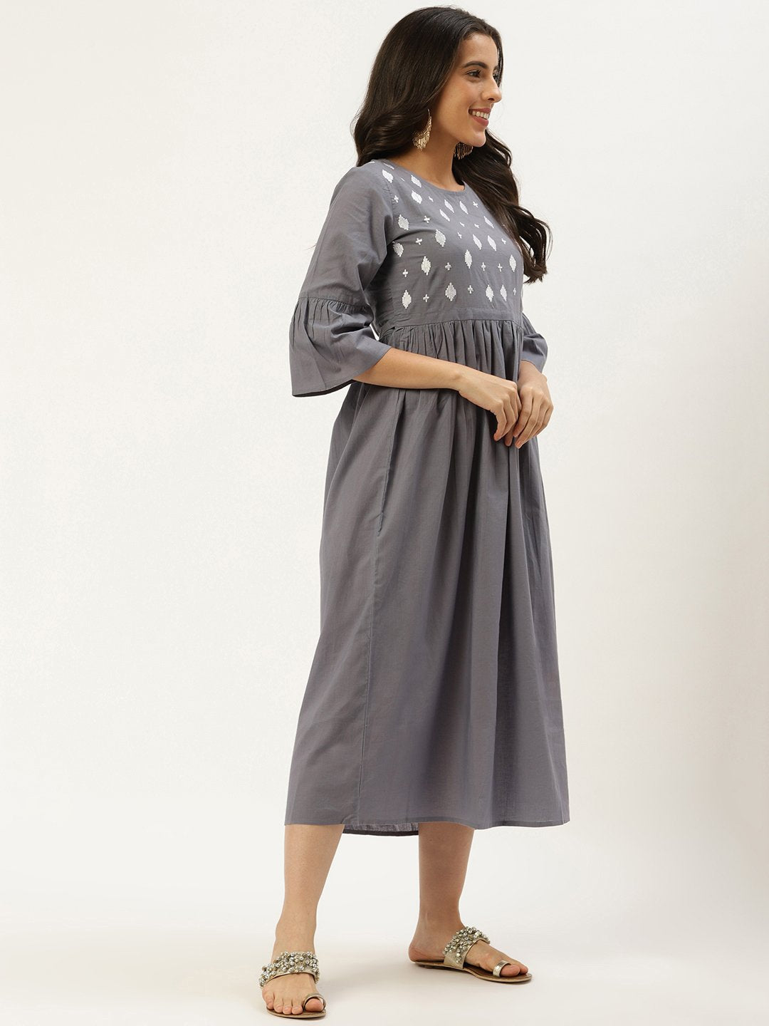 Women Grey Solid Solid Round Neck Cotton A-Line Dress | NOZ2TOZ - Made In INDIA.