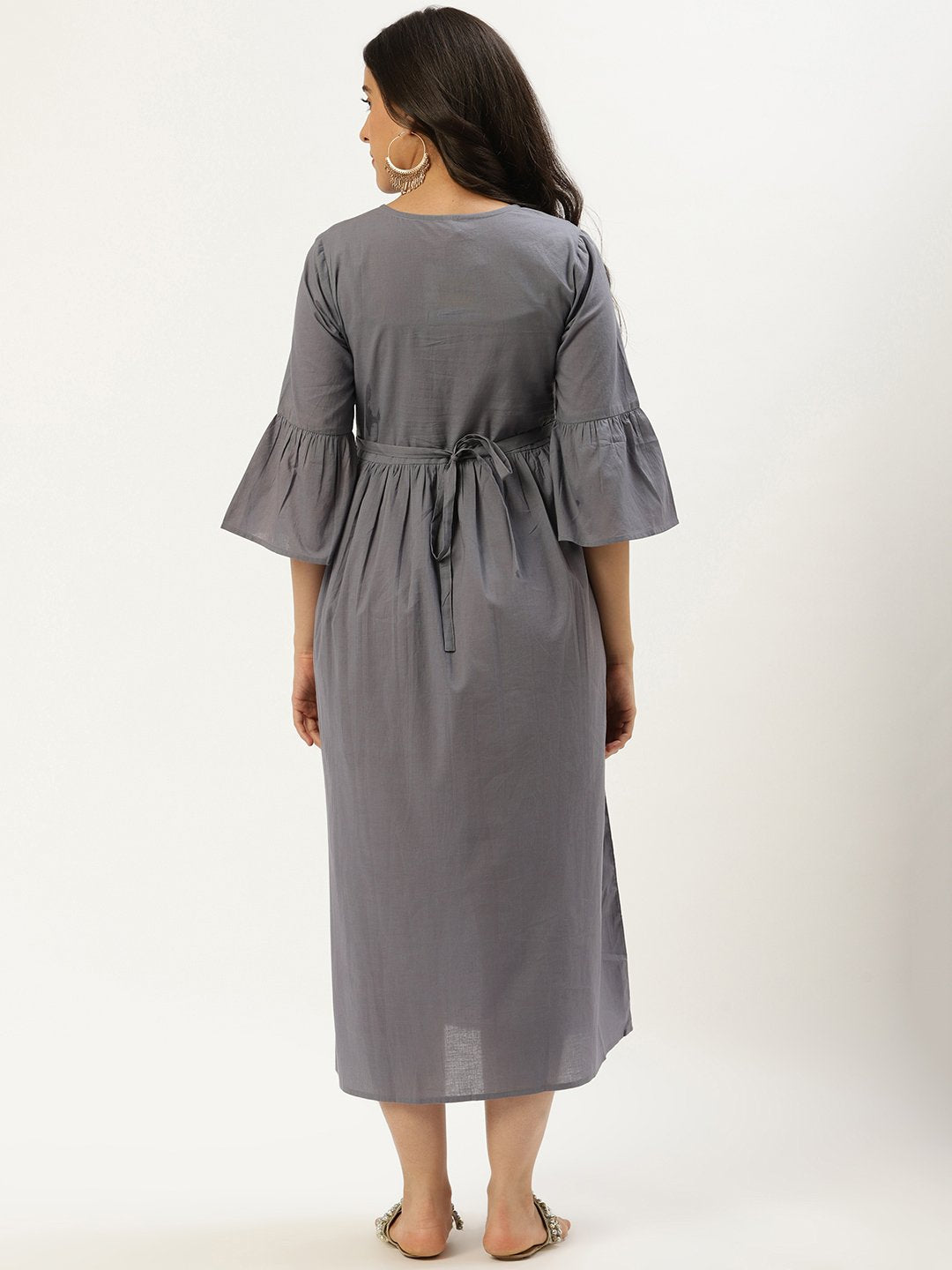 Women Grey Solid Solid Round Neck Cotton A-Line Dress | NOZ2TOZ - Made In INDIA.