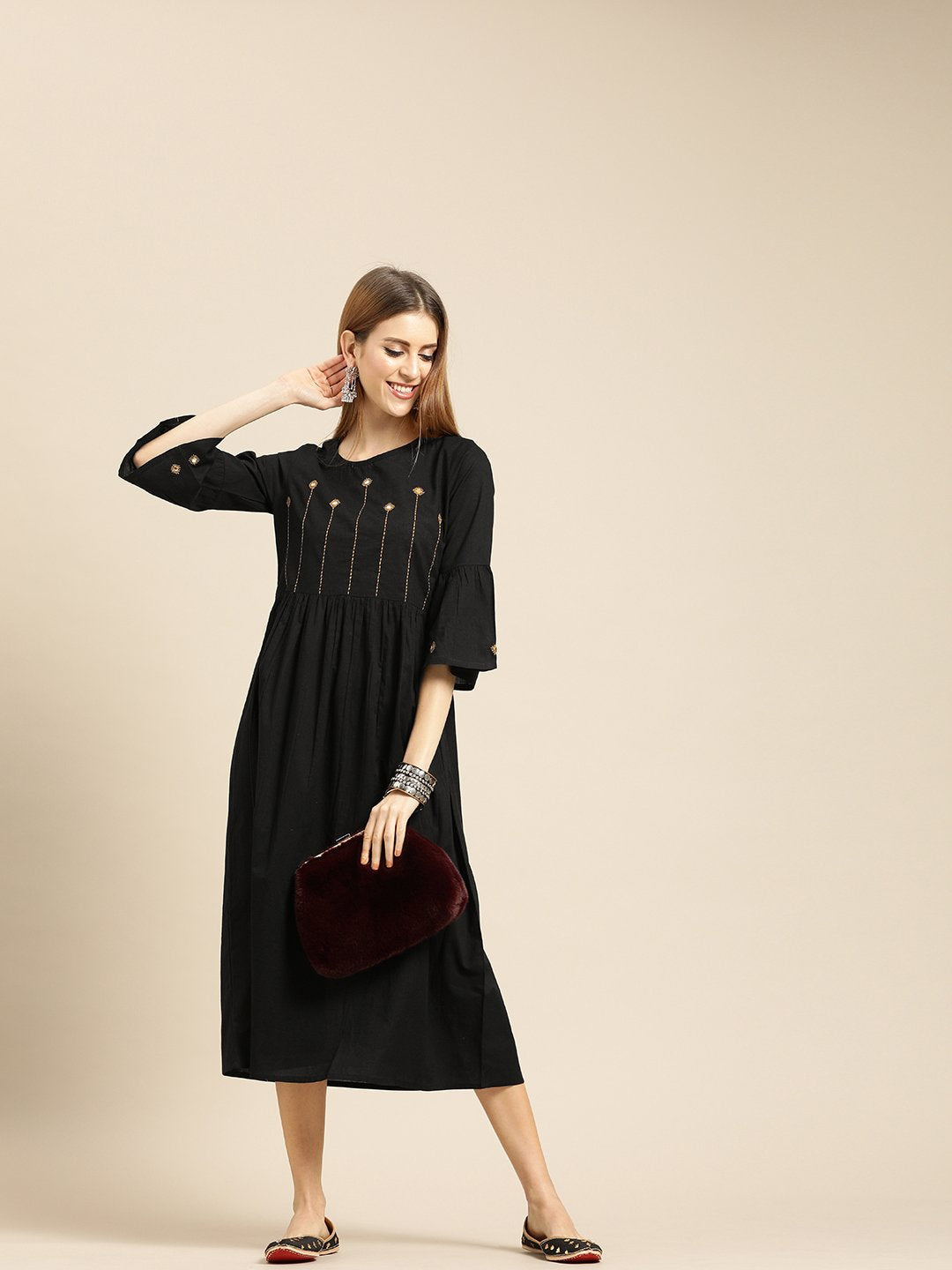 Women Black Solid Solid Round Neck Cotton A-Line Dress | NOZ2TOZ - Made In INDIA.