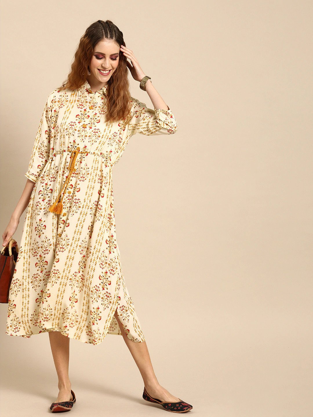 Women Cream-Coloured  Mustard Yellow Printed A-Line Dress With Gathers  Tie-Up | NOZ2TOZ - Made In INDIA.