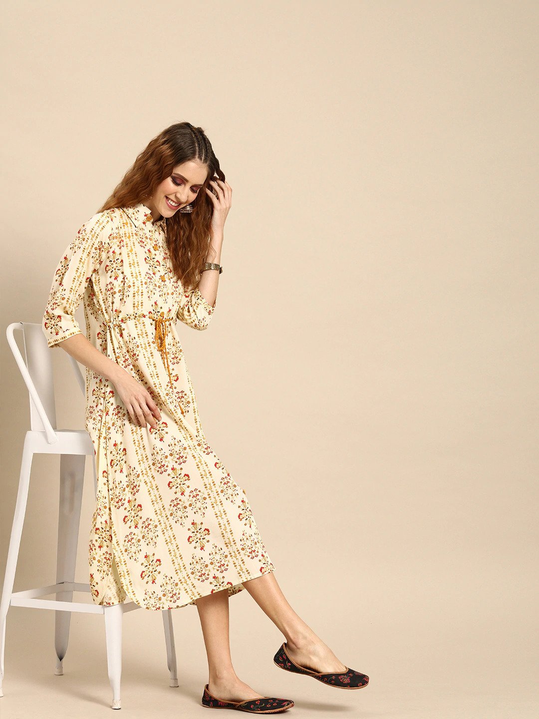 Women Cream-Coloured  Mustard Yellow Printed A-Line Dress With Gathers  Tie-Up | NOZ2TOZ - Made In INDIA.