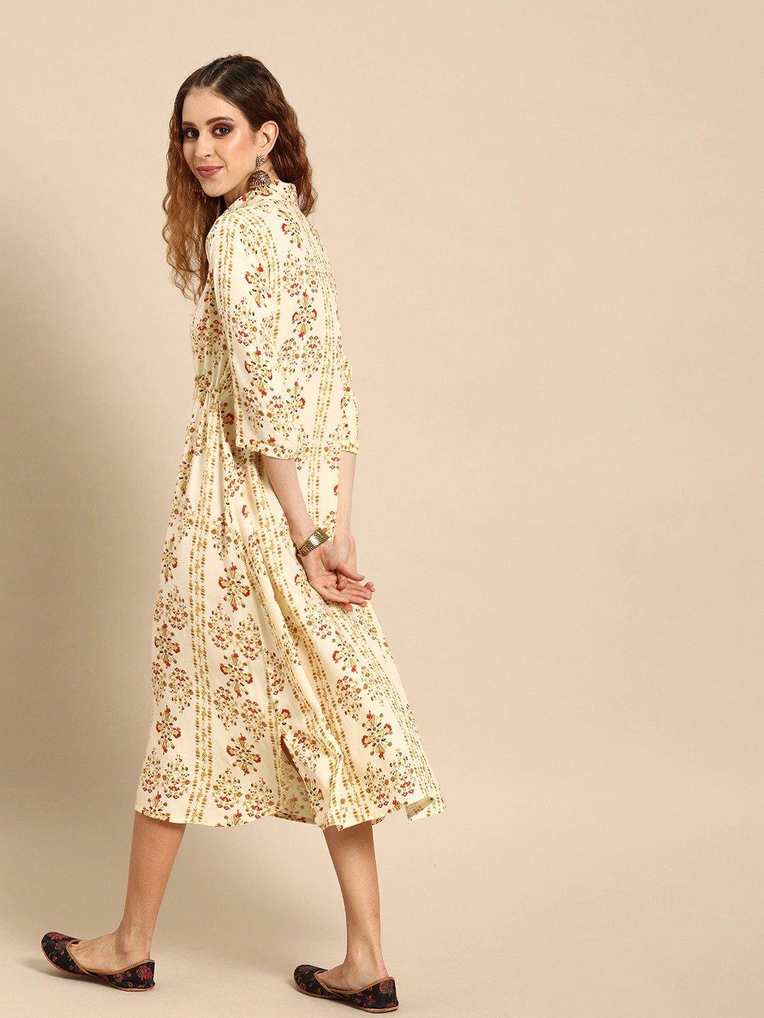 Women Cream-Coloured  Mustard Yellow Printed A-Line Dress With Gathers  Tie-Up | NOZ2TOZ - Made In INDIA.