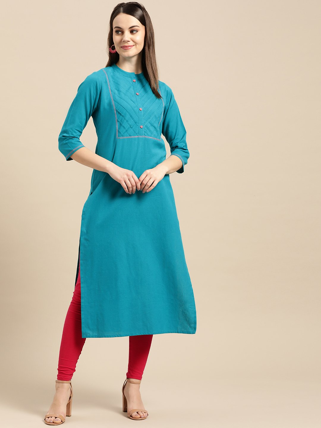 Women Rama Green Calf Length Three-Quarter Sleeves Straight Solid Yoke Design Cotton Kurta | NOZ2TOZ - Made In INDIA.