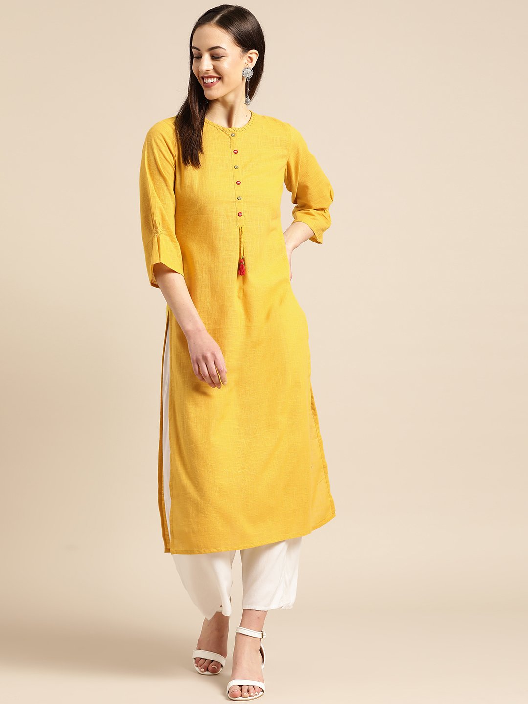 Women Yellow Calf Length Three-Quarter Sleeves Straight Solid Solid Cotton Kurta | NOZ2TOZ - Made In INDIA.