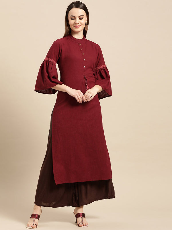 Women Maroon Calf Length Three-Quarter Sleeves Straight Solid Solid Cotton Kurta | NOZ2TOZ - Made In INDIA.