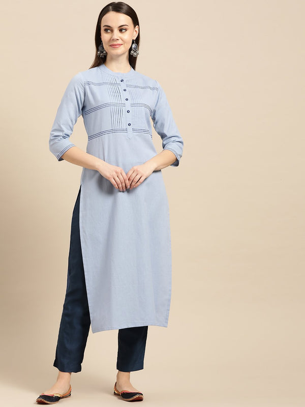 Women Sky Blue Calf Length Three-Quarter Sleeves Straight Solid Yoke Design Cotton Kurta | NOZ2TOZ - Made In INDIA.