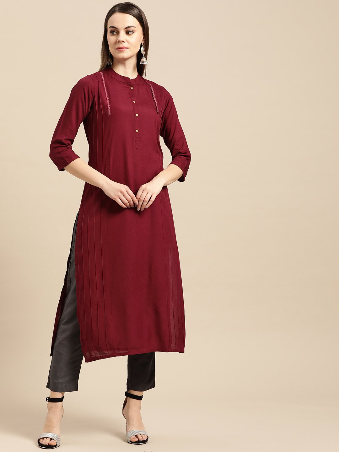 Women Wine Calf Length Three-Quarter Sleeves Straight Solid Solid Viscose Rayon Kurta | NOZ2TOZ - Made In INDIA.