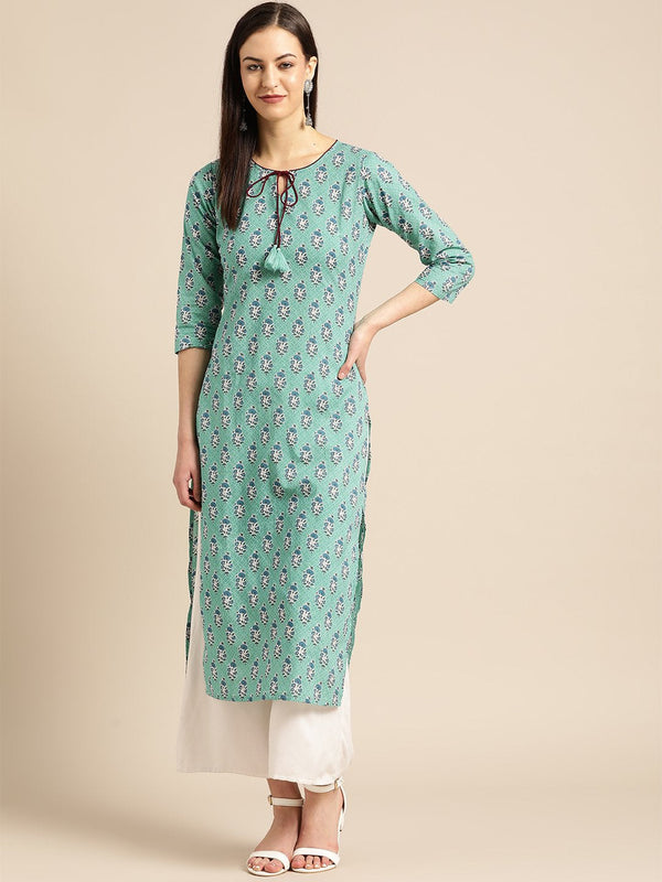 Women Sea Green Calf Length Three-Quarter Sleeves Straight Floral Printed Cotton Kurta | NOZ2TOZ - Made In INDIA.