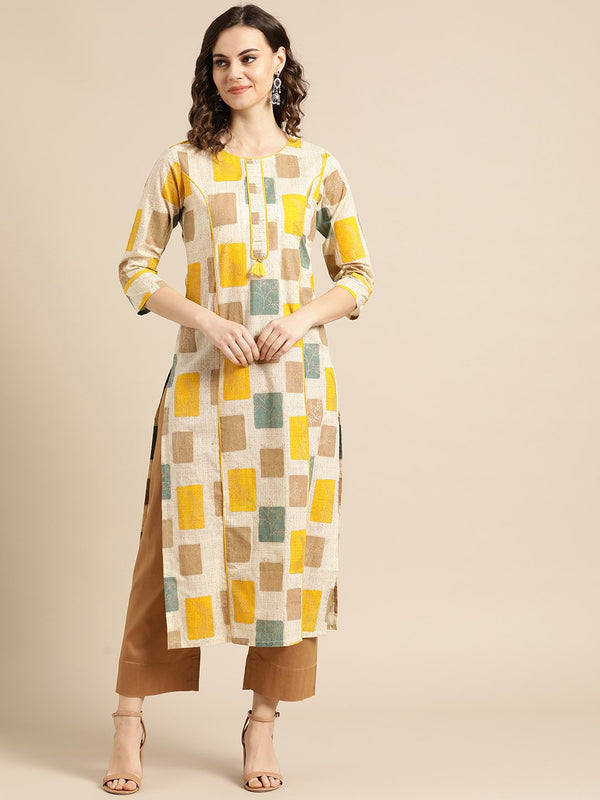 Women Beige Calf Length Three-Quarter Sleeves A-Line Geometric Printed Cotton Kurta | NOZ2TOZ - Made In INDIA.