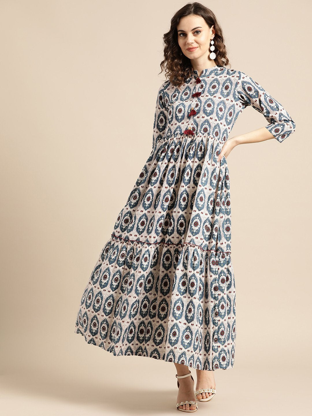 Women White Ethnic Motifs Printed Mandarin Collar Cotton Fit and Flare Dress | NOZ2TOZ - Made In INDIA.