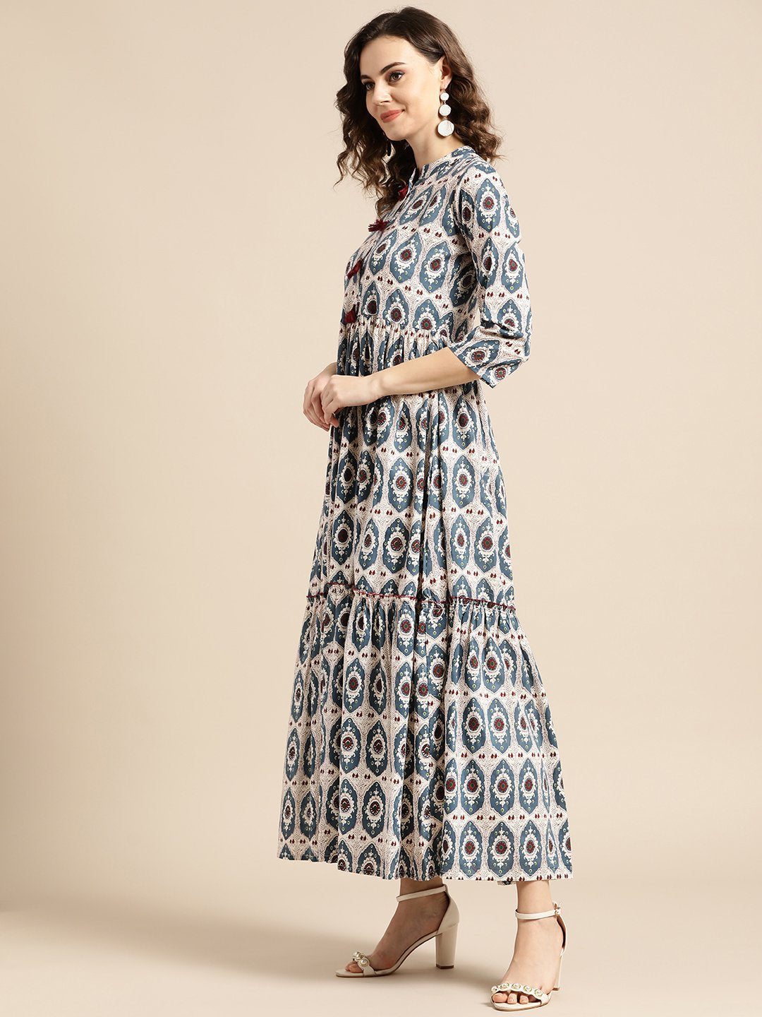 Women White Ethnic Motifs Printed Mandarin Collar Cotton Fit and Flare Dress | NOZ2TOZ - Made In INDIA.