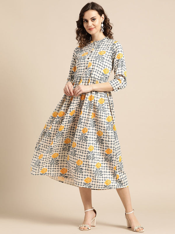 Women Off White Floral Printed Mandarin Collar Cotton A-Line Dress | NOZ2TOZ - Made In INDIA.