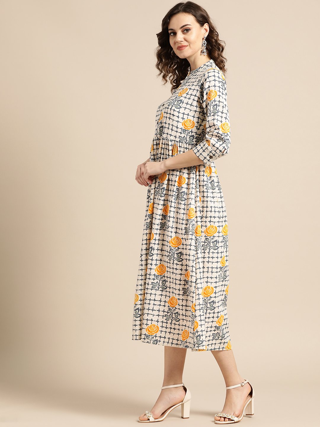 Women Off White Floral Printed Mandarin Collar Cotton A-Line Dress | NOZ2TOZ - Made In INDIA.