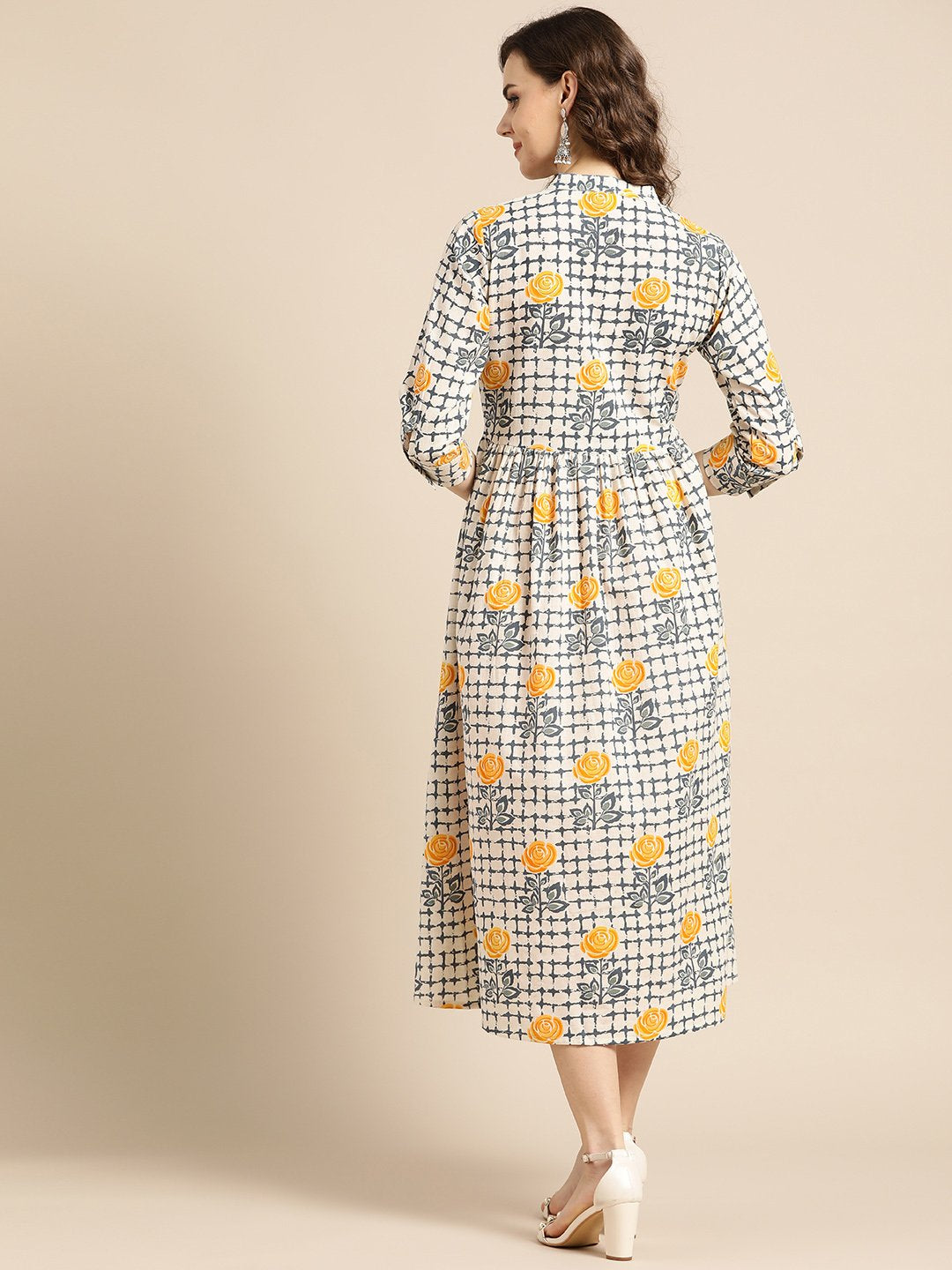 Women Off White Floral Printed Mandarin Collar Cotton A-Line Dress | NOZ2TOZ - Made In INDIA.