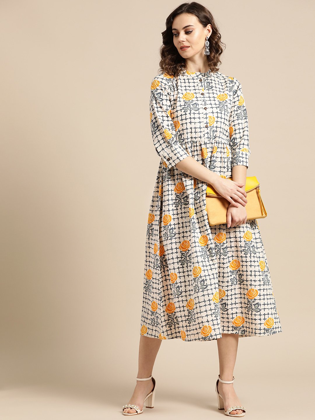 Women Off White Floral Printed Mandarin Collar Cotton A-Line Dress | NOZ2TOZ - Made In INDIA.