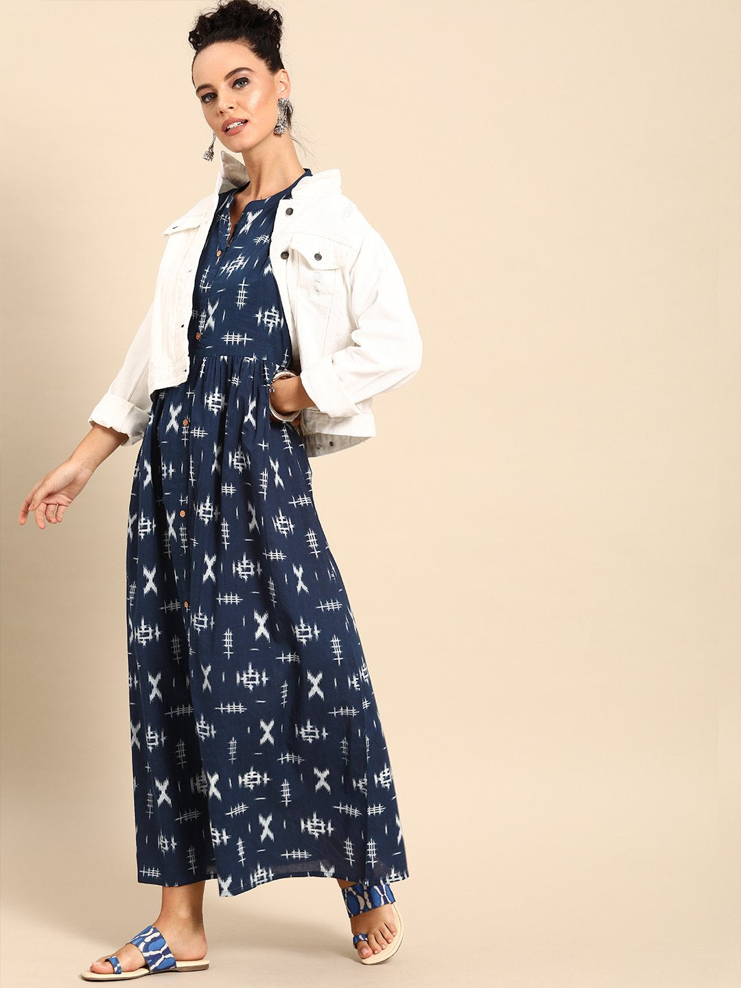 Women Blue Printed A-Line Dress | NOZ2TOZ - Made In INDIA.