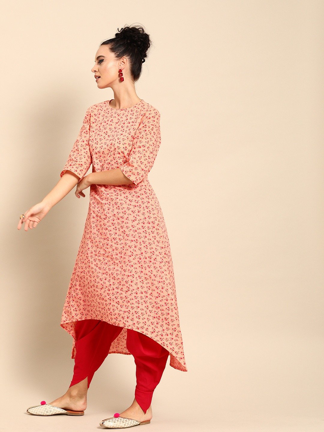 Women Peach Three-Quarter Sleeves Asymmetric Kurta Set | NOZ2TOZ - Made In INDIA.