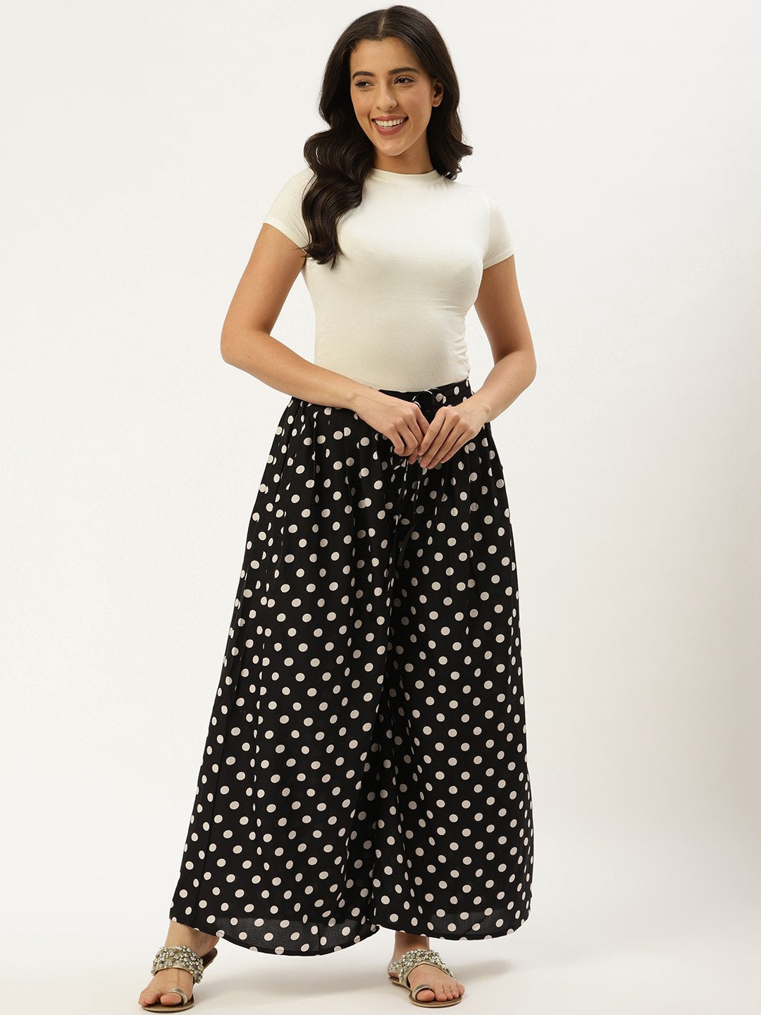 Women Black Polka Dots Printed Crepe Flared Palazzo | NOZ2TOZ - Made In INDIA.