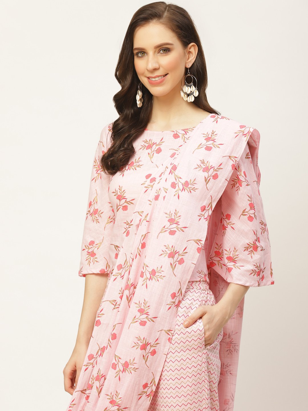 Women Pink Printed Palazzo Saree and Blouse with tie-up detail | NOZ2TOZ - Made In INDIA.