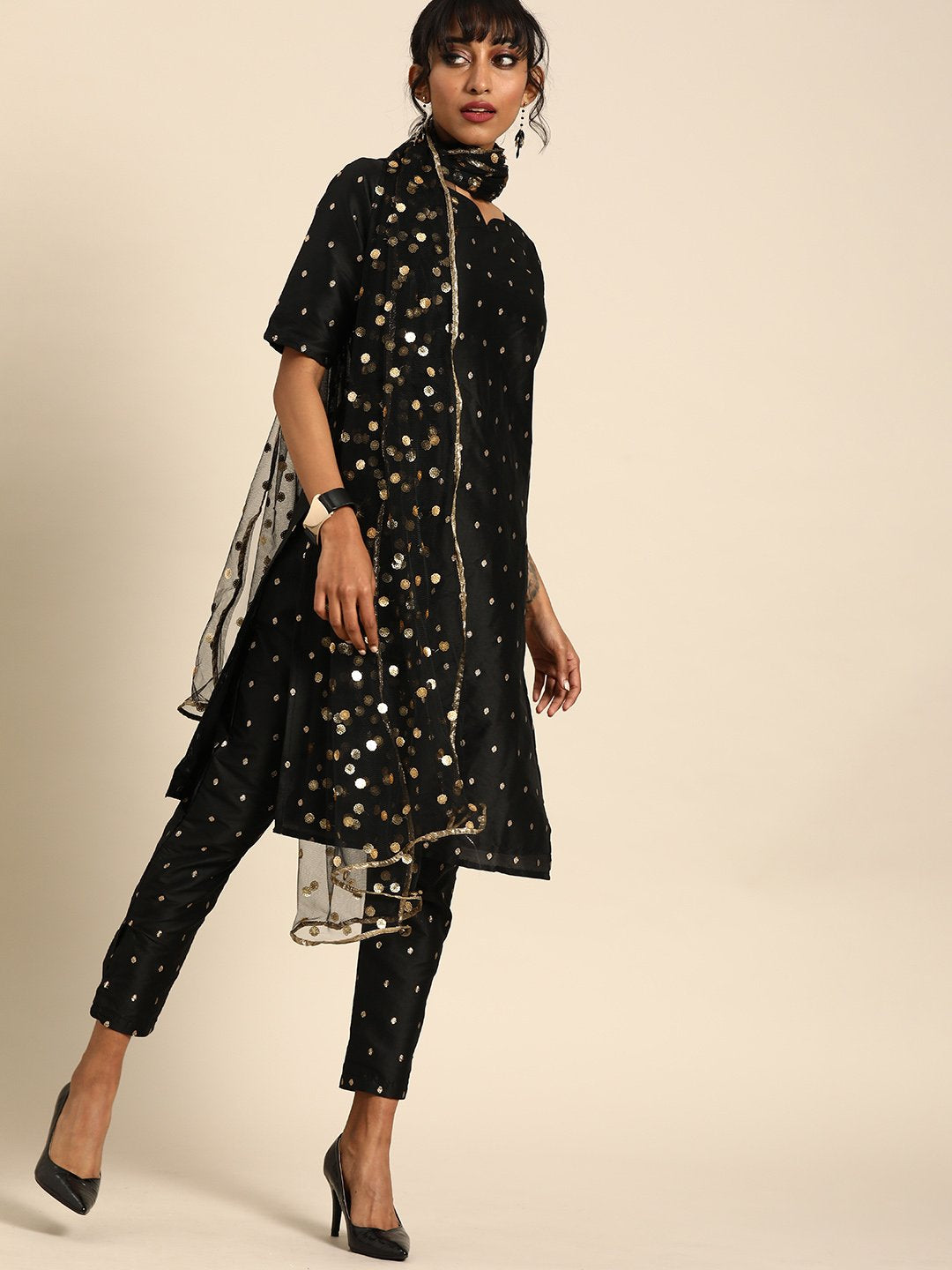 Women Black Three-Quarter Sleeves Woven Design Straight Silk Blend Brocade Kurta with Trouser and Dupatta | NOZ2TOZ - Made In INDIA.