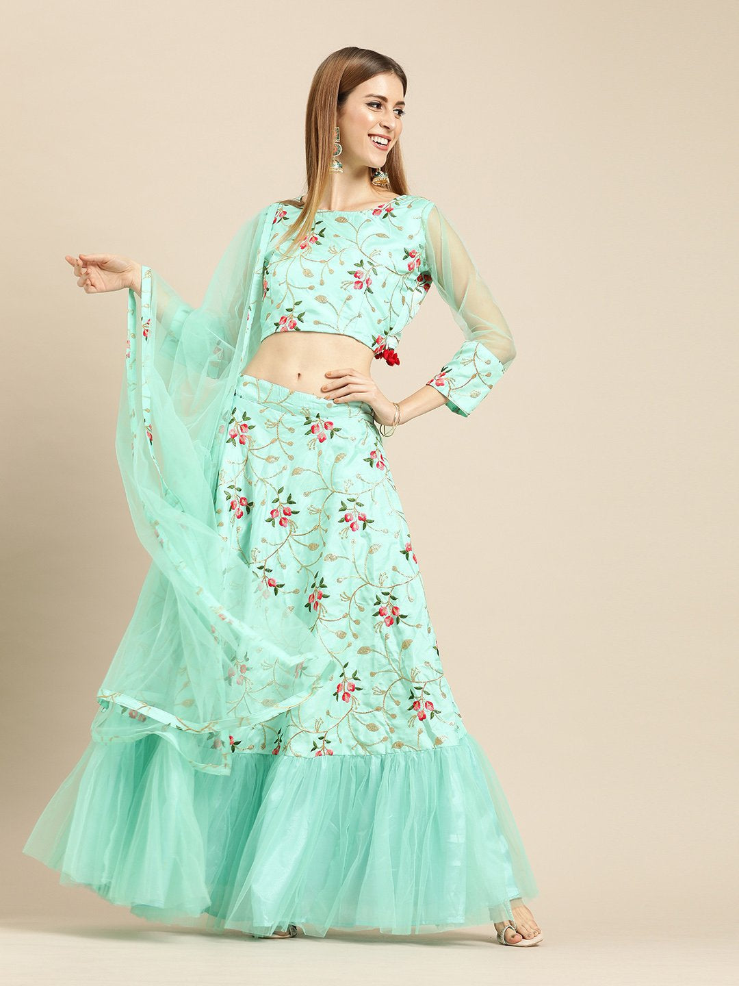 Women Sea Green Silk Blended Lehenga 3/4th sleeve net Choli With Dupatta | NOZ2TOZ - Made In INDIA.