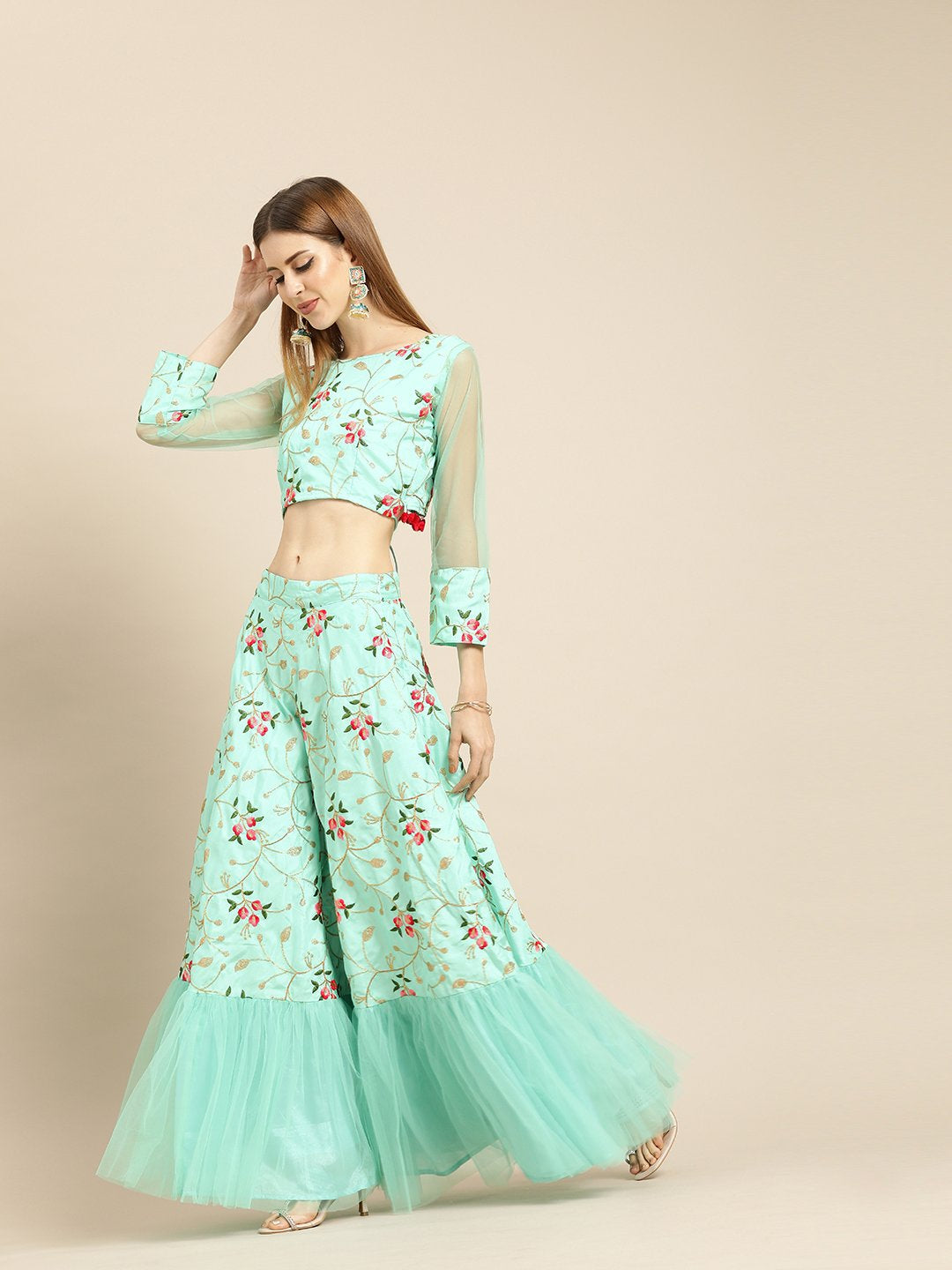 Women Sea Green Silk Blended Lehenga 3/4th sleeve net Choli With Dupatta | NOZ2TOZ - Made In INDIA.