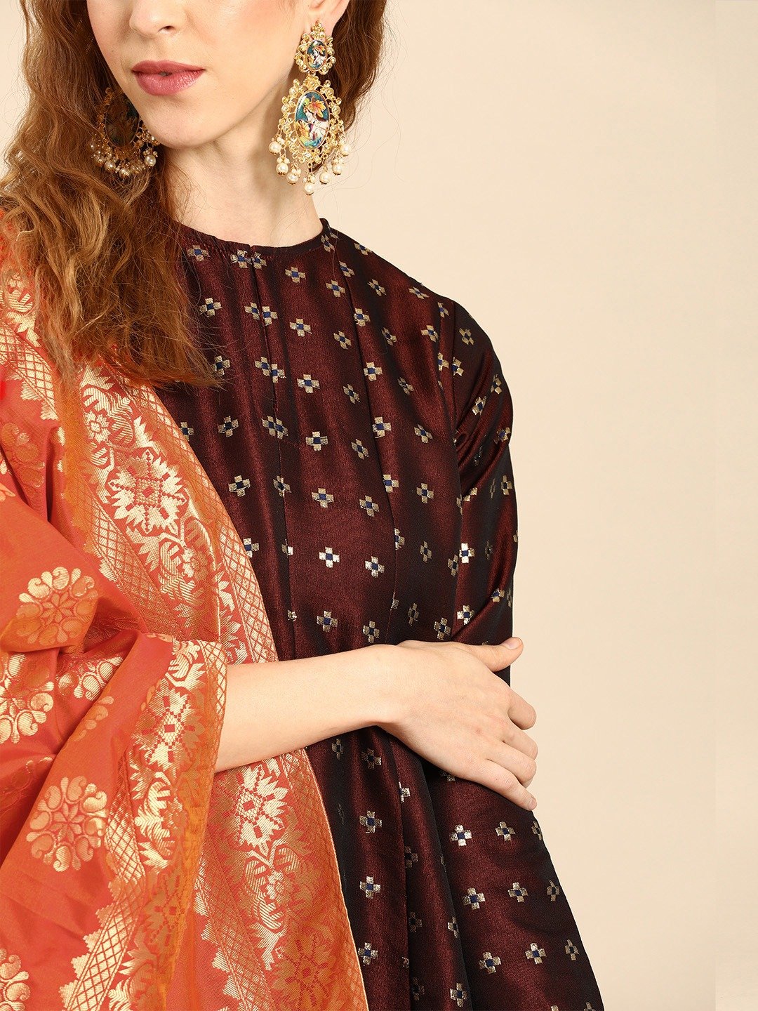 Women Maroon and Orange Full Sleeves Woven Design Brocade A-line Dress with Dupatta | NOZ2TOZ - Made In INDIA.