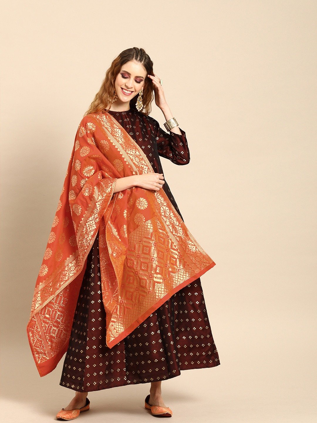 Women Maroon and Orange Full Sleeves Woven Design Brocade A-line Dress with Dupatta | NOZ2TOZ - Made In INDIA.