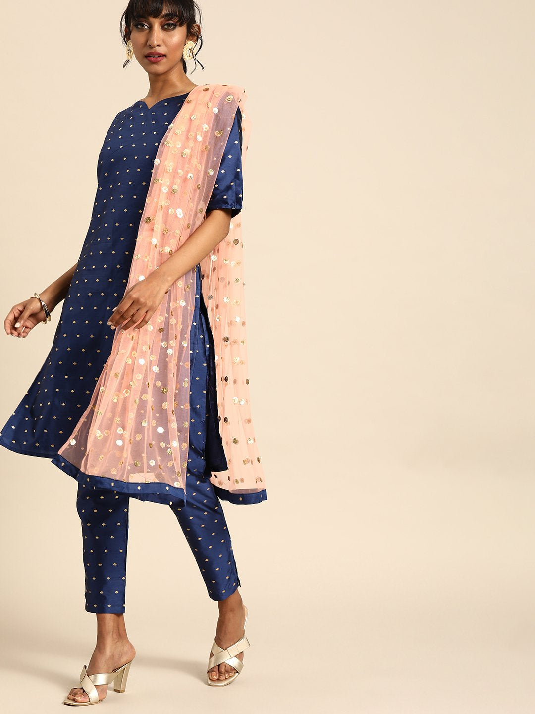 Women Blue Three-Quarter Sleeves Woven Design Straight Silk Blend Brocade Kurta with Trouser and Dupatta | NOZ2TOZ - Made In INDIA.