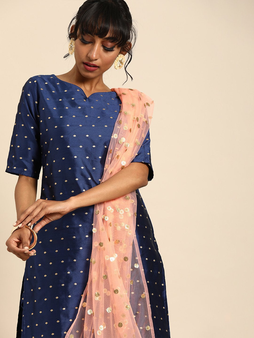 Women Blue Three-Quarter Sleeves Woven Design Straight Silk Blend Brocade Kurta with Trouser and Dupatta | NOZ2TOZ - Made In INDIA.