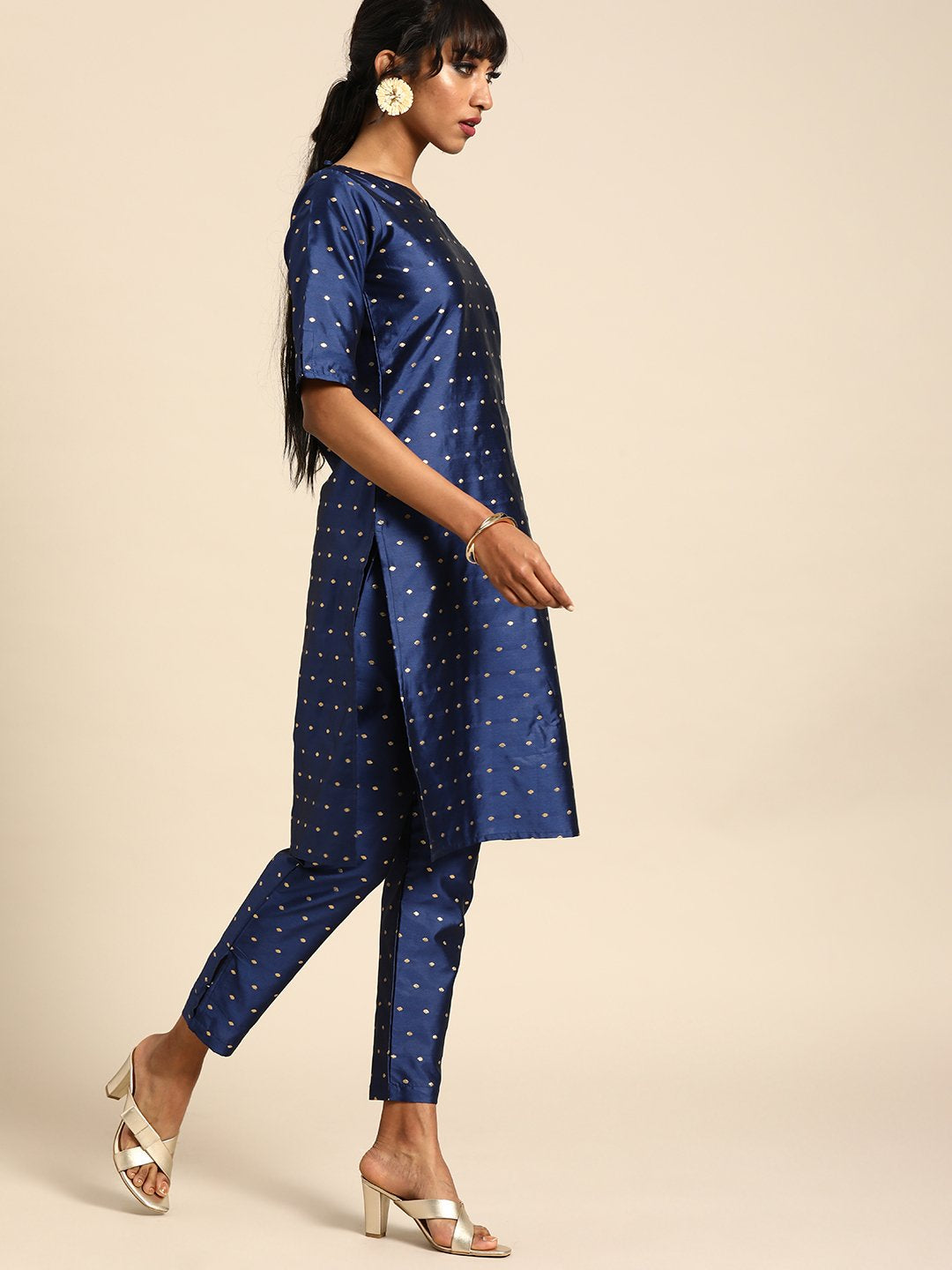 Women Blue Three-Quarter Sleeves Woven Design Straight Silk Blend Brocade Kurta with Trouser and Dupatta | NOZ2TOZ - Made In INDIA.