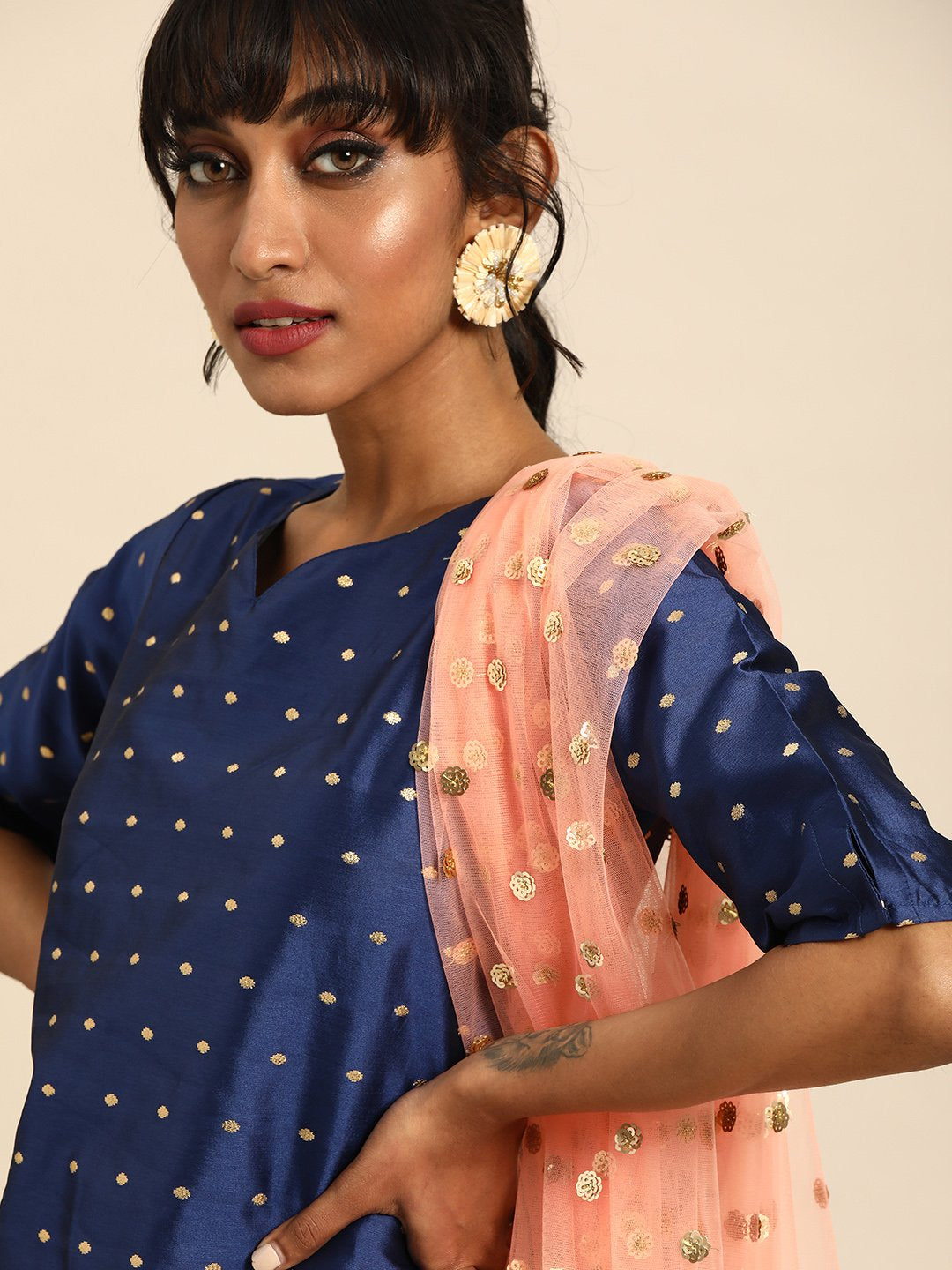 Women Blue Three-Quarter Sleeves Woven Design Straight Silk Blend Brocade Kurta with Trouser and Dupatta | NOZ2TOZ - Made In INDIA.