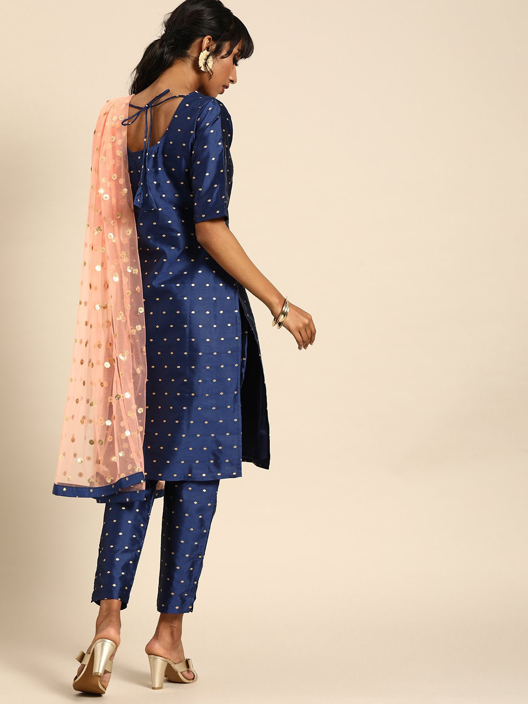 Women Blue Three-Quarter Sleeves Woven Design Straight Silk Blend Brocade Kurta with Trouser and Dupatta | NOZ2TOZ - Made In INDIA.