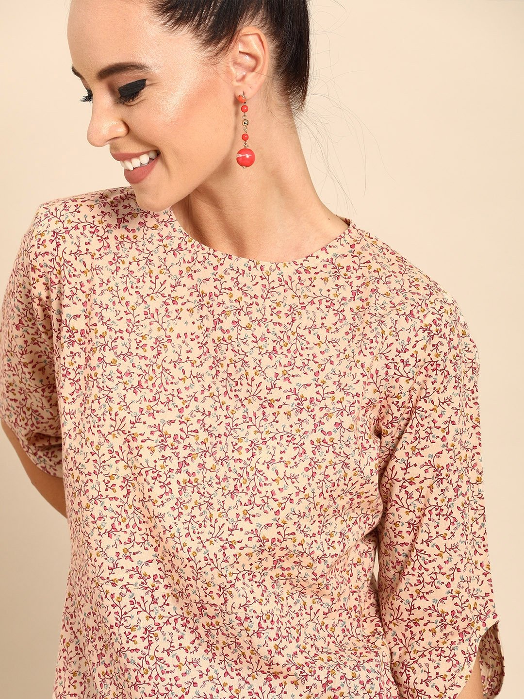 Women Beige Calf Length Three-Quarter Sleeves A-Line Floral Printed Cotton Kurta | NOZ2TOZ - Made In INDIA.