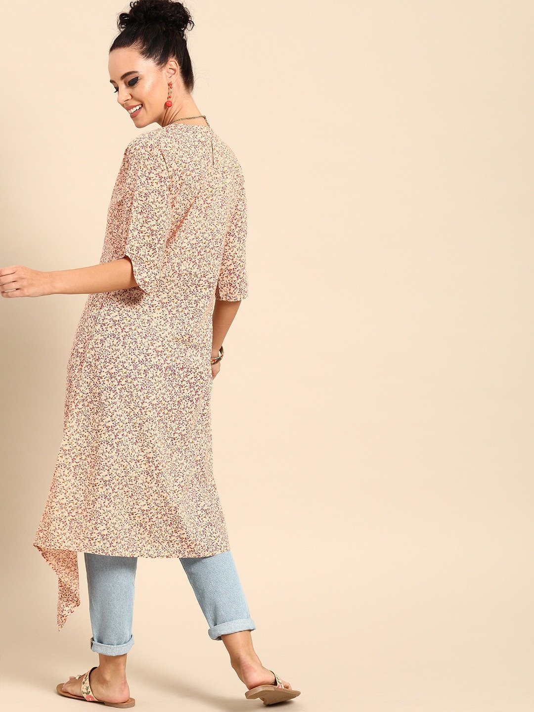 Women Beige Calf Length Three-Quarter Sleeves A-Line Floral Printed Cotton Kurta | NOZ2TOZ - Made In INDIA.