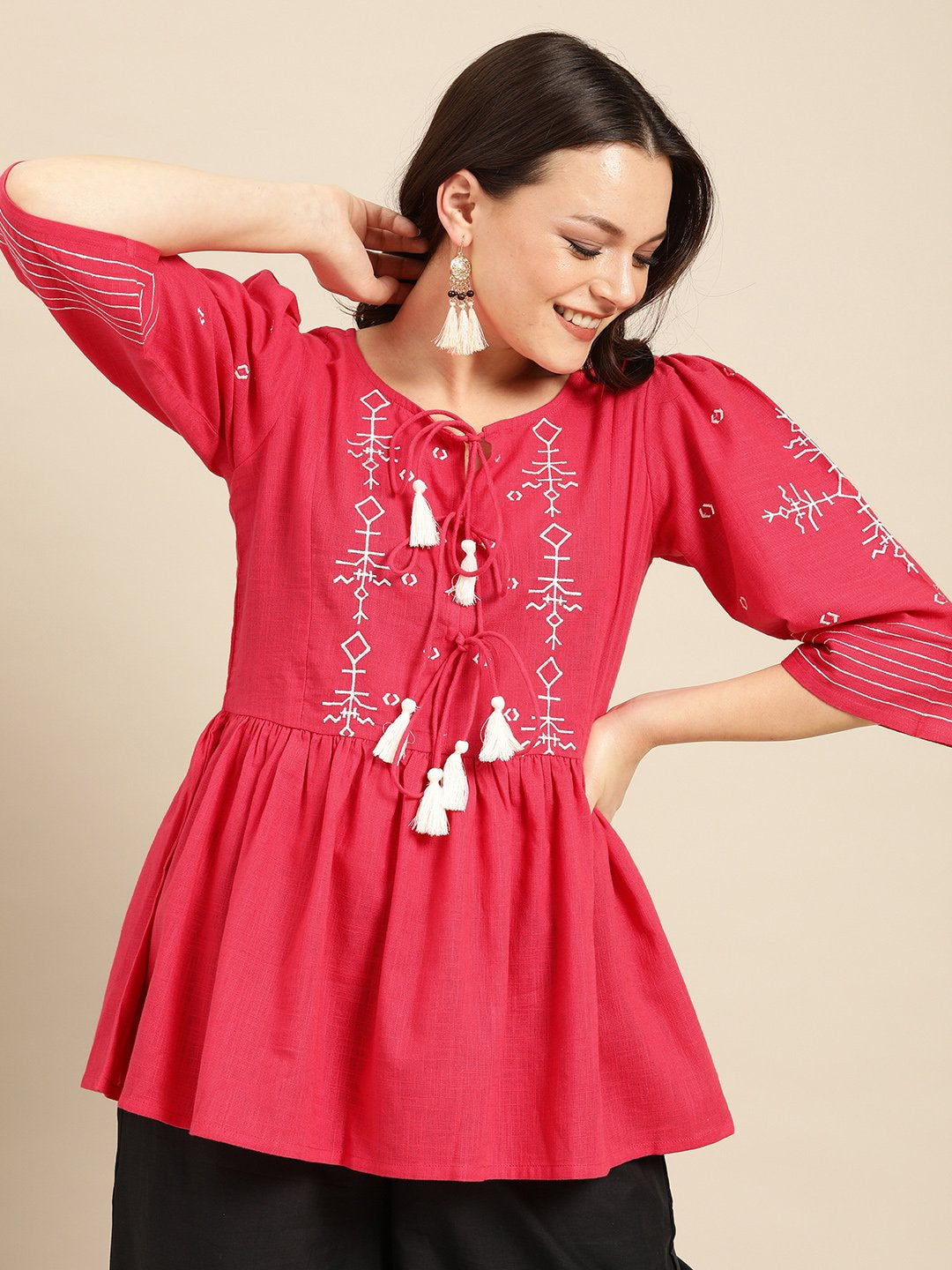 Women Coral Pink Extended Sleeves Tie-Ups Top | NOZ2TOZ - Made In INDIA.