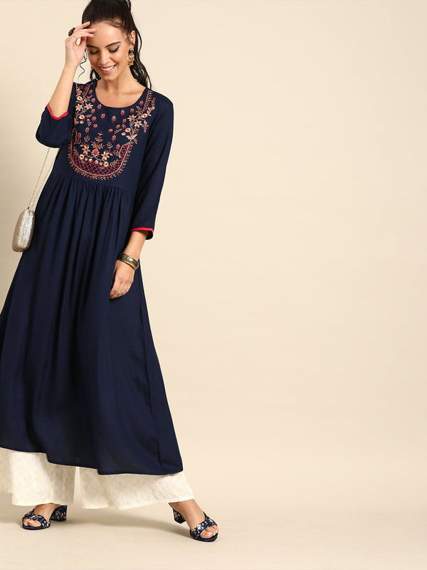 Women Navy Blue Calf Length Three-Quarter Sleeves A-Line Solid Yoke Design Viscose Rayon Kurta | NOZ2TOZ - Made In INDIA.