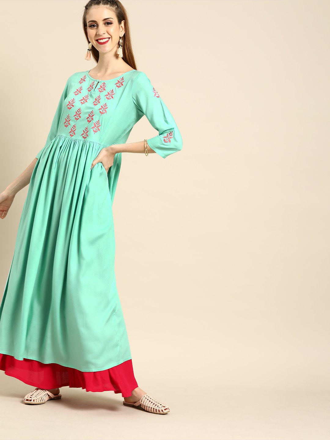 Women Blue Ankle Length Three-Quarter Sleeves A-Line Solid Yoke Design Viscose Rayon Kurta | NOZ2TOZ - Made In INDIA.