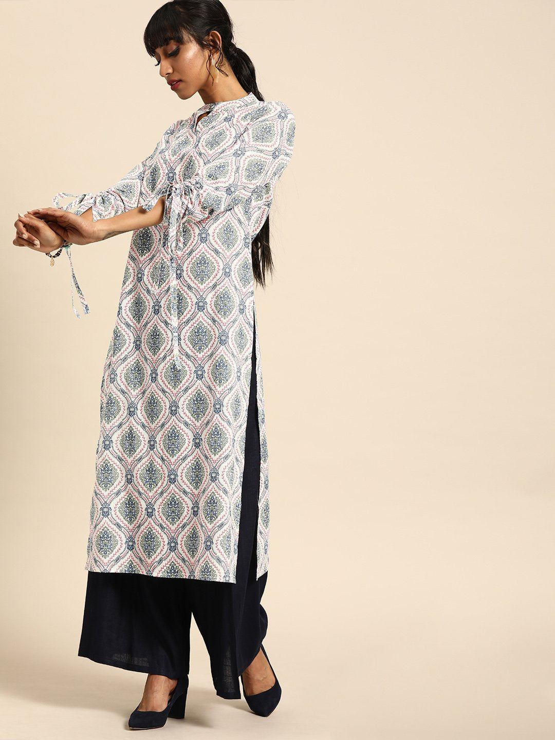 Women White Calf Length Three-Quarter Sleeves Straight Ethnic Motifs Printed Cotton Kurta | NOZ2TOZ - Made In INDIA.