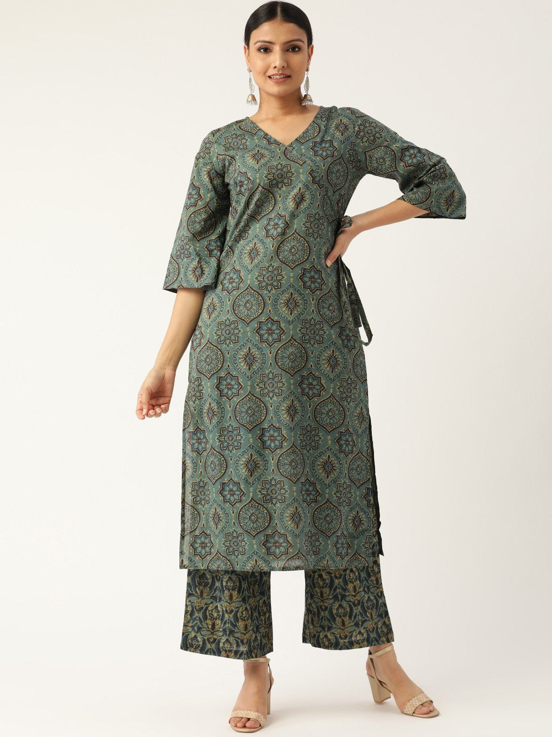 Women Sage Green Three-Quarter Sleeves Printed Straight Pure Cotton Kurta with Palazzo | NOZ2TOZ - Made In INDIA.