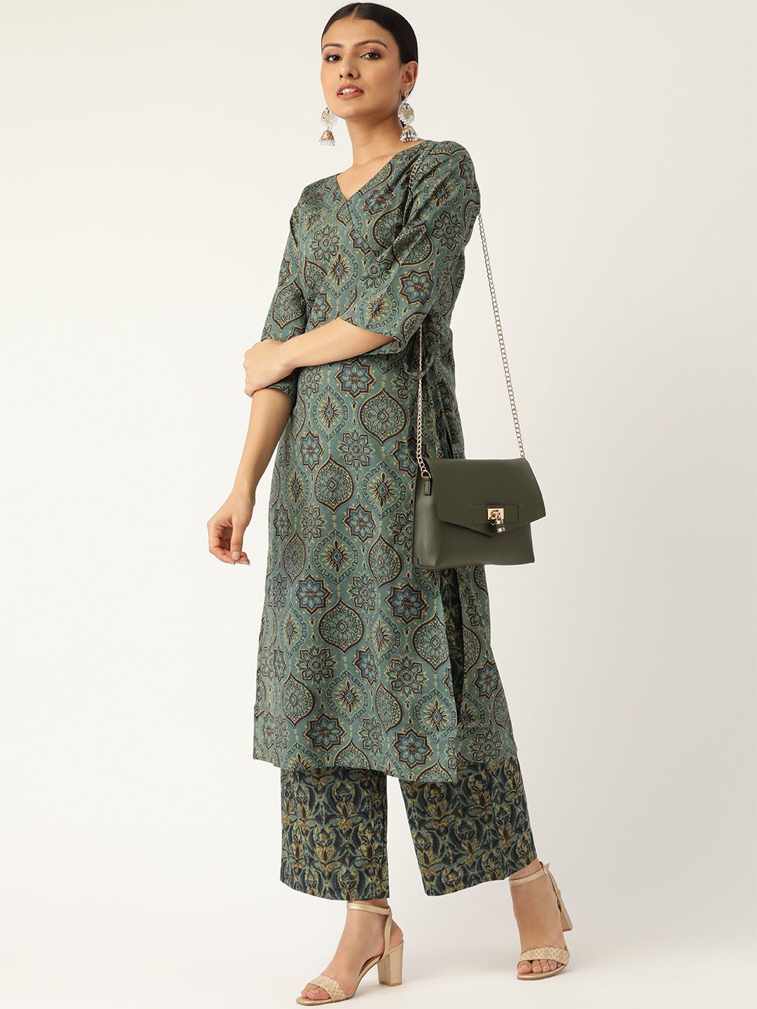 Women Sage Green Three-Quarter Sleeves Printed Straight Pure Cotton Kurta with Palazzo | NOZ2TOZ - Made In INDIA.