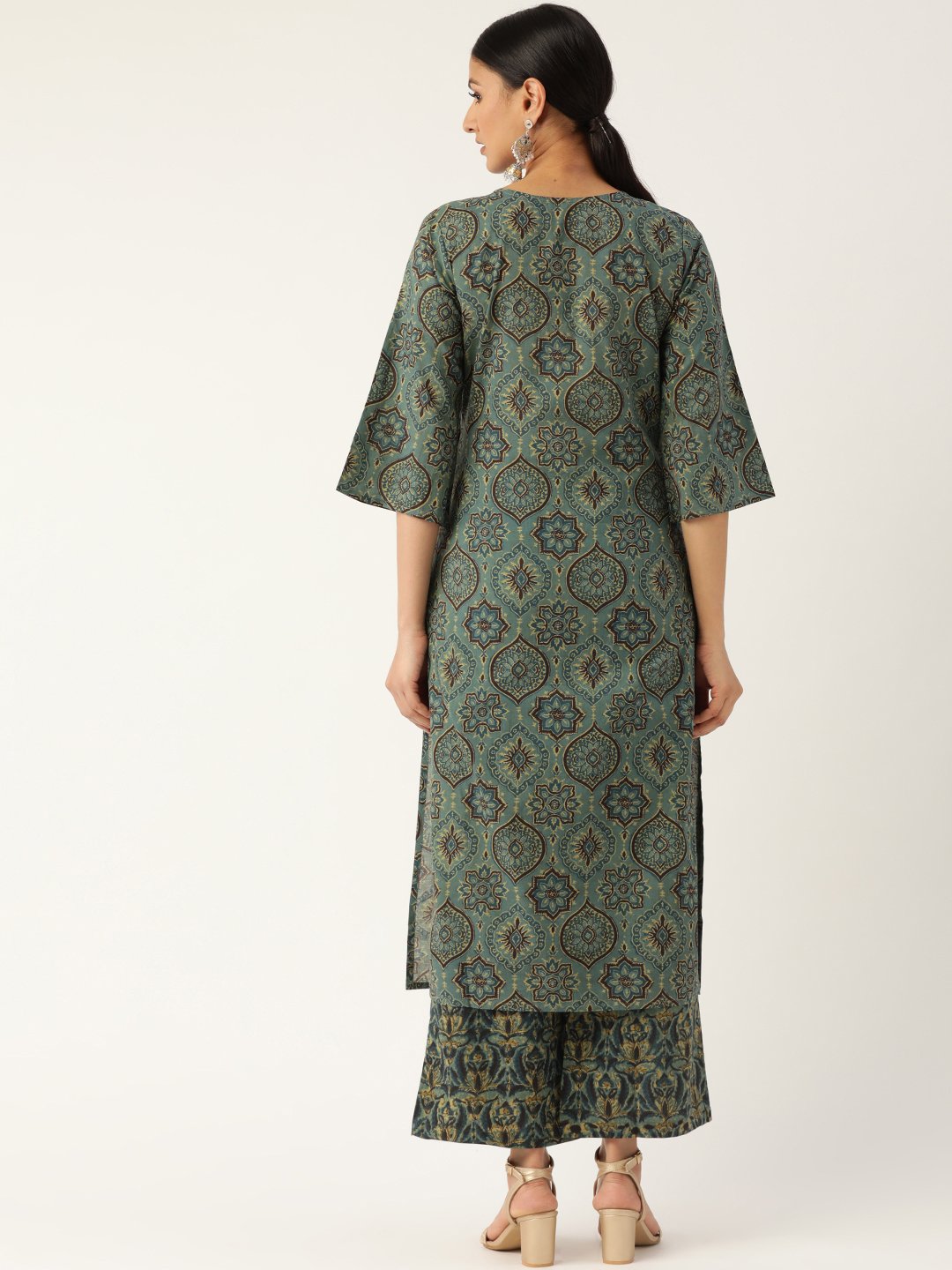 Women Sage Green Three-Quarter Sleeves Printed Straight Pure Cotton Kurta with Palazzo | NOZ2TOZ - Made In INDIA.